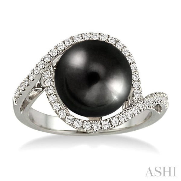 11x11mm Cultured Black Pearl and 1/3 Ctw Round Cut Diamond Ring in 14K  White Gold