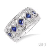 3x3 MM Princess Cut Sapphire and 1/4 ctw Round Cut Diamond Precious Fashion Ring in 14K White Gold