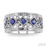 3x3 MM Princess Cut Sapphire and 1/4 ctw Round Cut Diamond Precious Fashion Ring in 14K White Gold