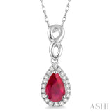 6x4 MM Pear Shape Ruby and 1/10 ctw Round Cut Diamond Pendant in 14K White Gold with Chain