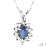 6x4MM Oval Cut Sapphire and 1/4 Ctw Round Cut Diamond Pendant in 14K White Gold with Chain