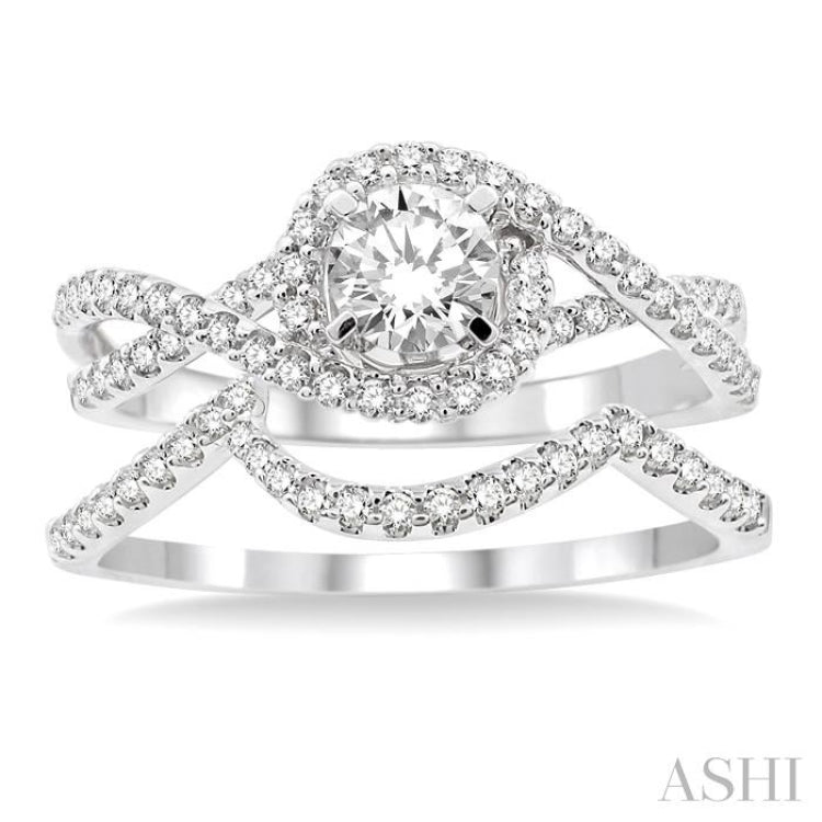 3/4 Ctw Diamond Wedding Set with 5/8 Ctw Round Cut Engagement Ring and 1/10  Ctw Wedding Band in 14K White Gold