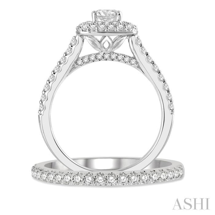1 1/4 Ctw Diamond Wedding Set With 1 ct Cushion Shape 1/2 ct Round Cut  Center Stone Engagement Ring and 1/4 ct Wedding Band in 14K White Gold